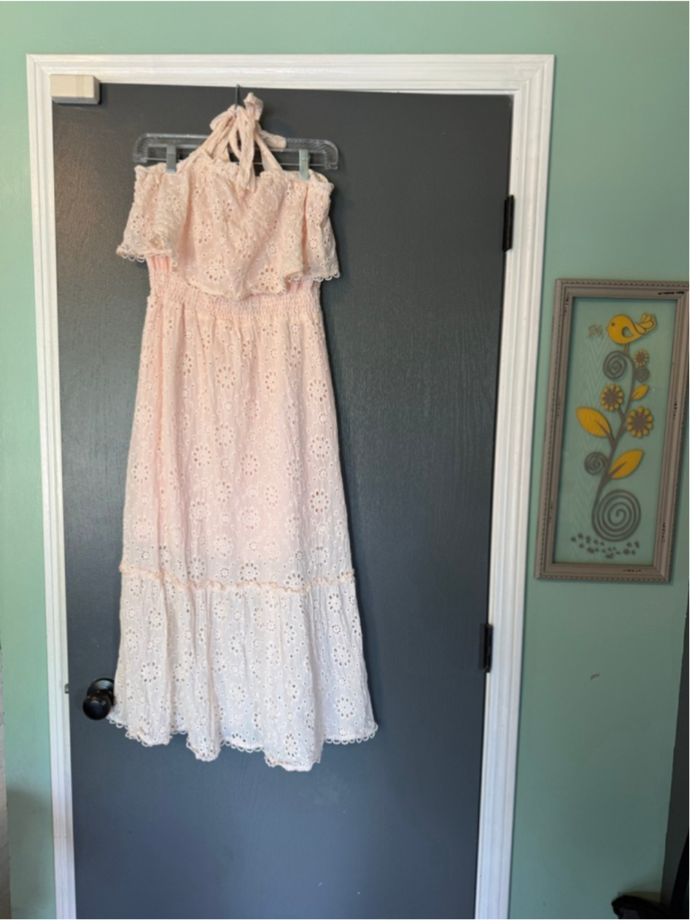 Women's Simplee Pink & White Eyelet Halter Maxi Dress M